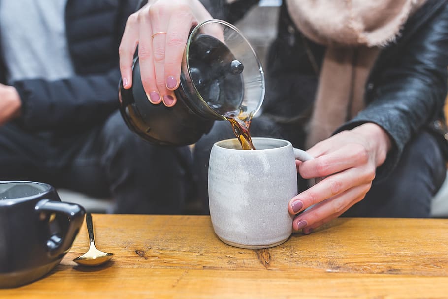 coffeemaker, black, brewed, drink, mug, cup, spoon, wooden HD wallpaper