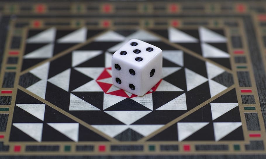 HD wallpaper: selective focus photography of dice pointed at 5 dot ...