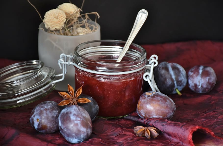 clear glass cup with stainless steel spoon, plums, fruit, jam HD wallpaper