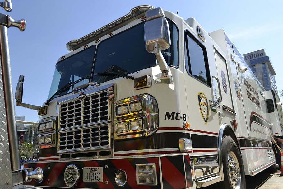 white MC8 trailer truck under blue sky, houston fire department, HD wallpaper