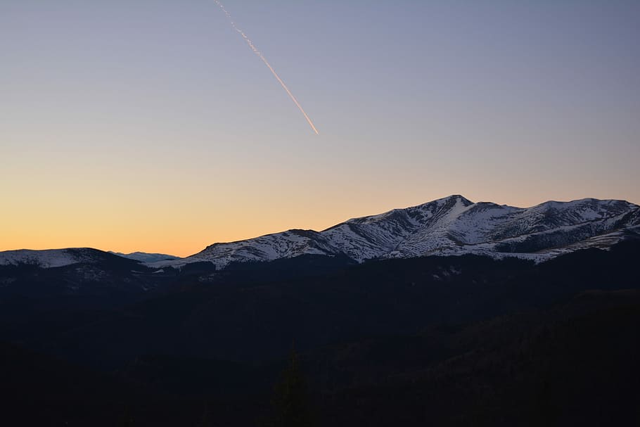 Mountain, Sunset, Silhouette, Plane, sky, snow, falling star HD wallpaper