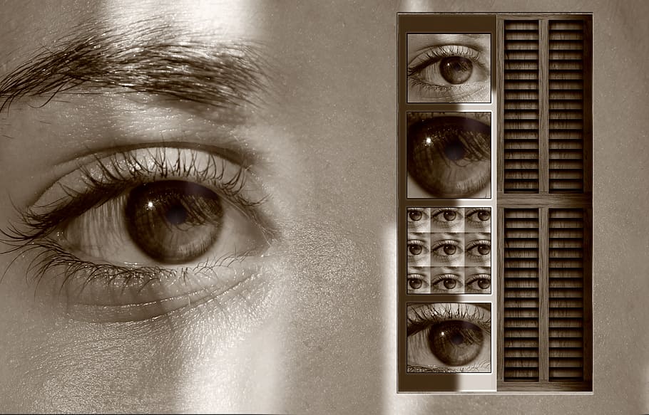 grayscale photo of person's eye, eyes, see, point of view, window