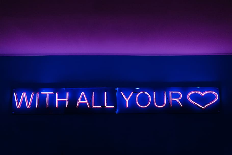 With All Your heart neon signage, blue with all your heart neon light signage, HD wallpaper