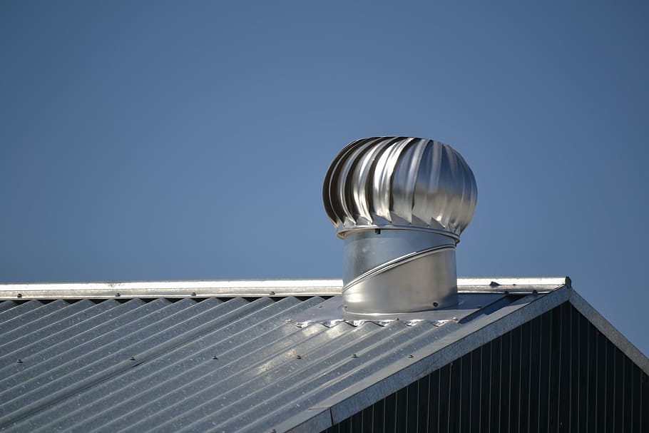 silver roof turbine on roof, metal roof, tin roof, roofing, vent