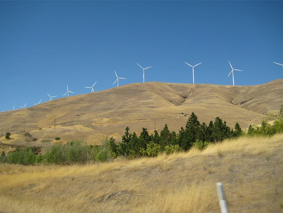 windmills, hills, fields, rural, blue, turbine, wind turbine HD wallpaper