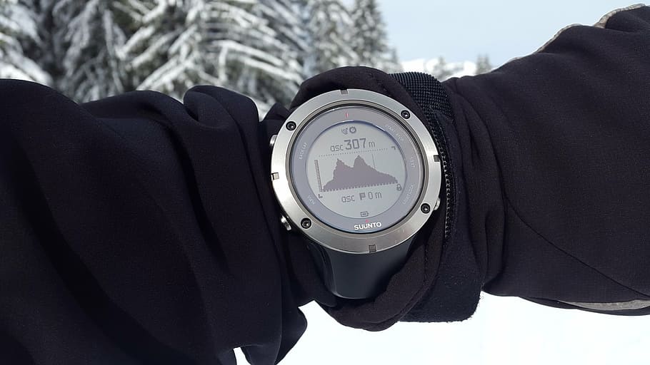 person showing round gray watch, gps, navigation, height, elevation profile HD wallpaper