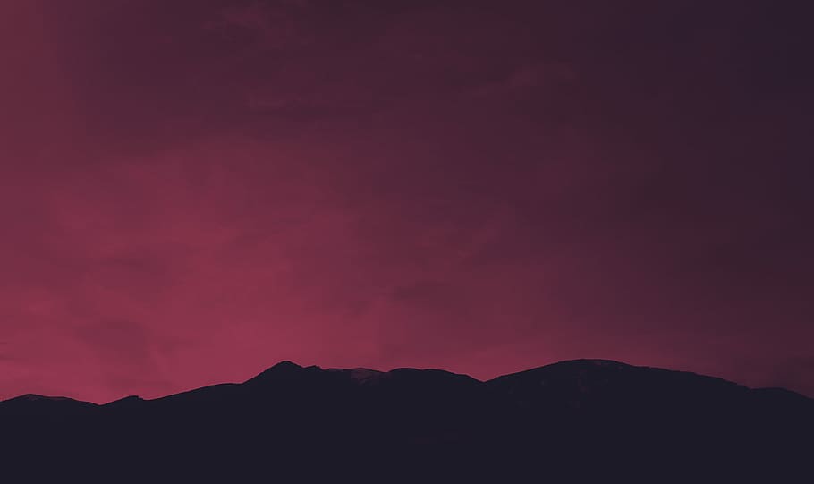 silhouette of mountain under red sky, silhouette photo of mountains HD wallpaper