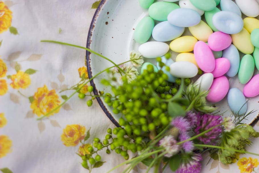 green leafed plants on white textile, candy, flowers, food HD wallpaper