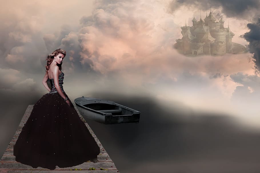 woman wearing black backless tube dress standing on dock, fantasy picture