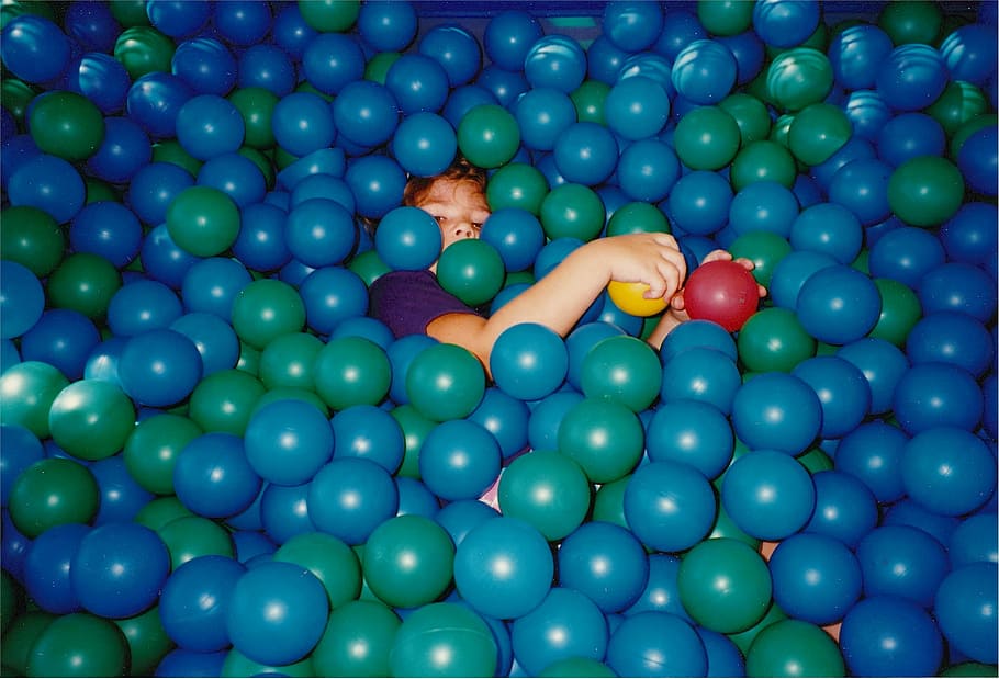 child, playing, balls, hiding, fun, sport, young, kid, girl HD wallpaper