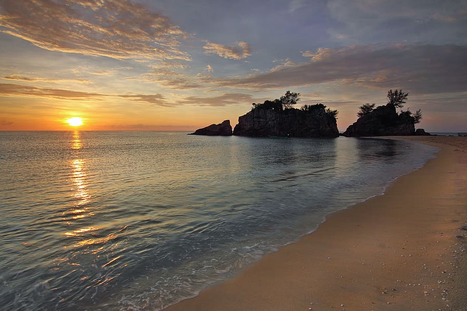 sea, dawn, nature, sky, afterglow, beach, clouds, coast, dusk HD wallpaper