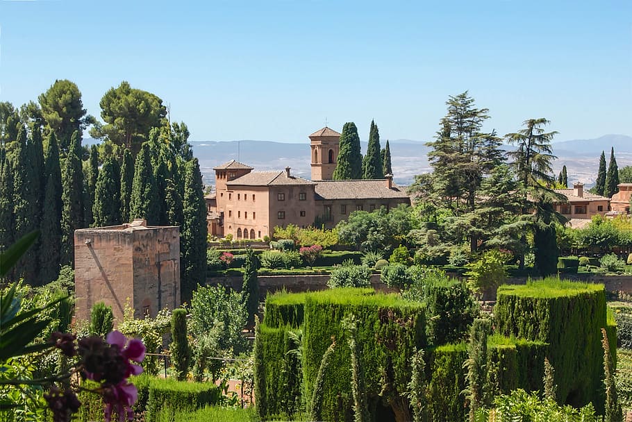 beige concrete house, convent, granada, spain, garden, plants HD wallpaper