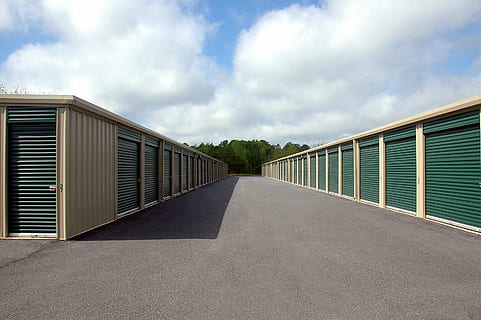 brown and green garage lot, storage warehouse, storehouse, storage units HD wallpaper