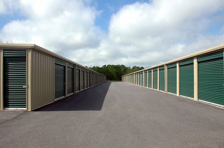 brown and green garage lot, storage warehouse, storehouse, storage units HD wallpaper