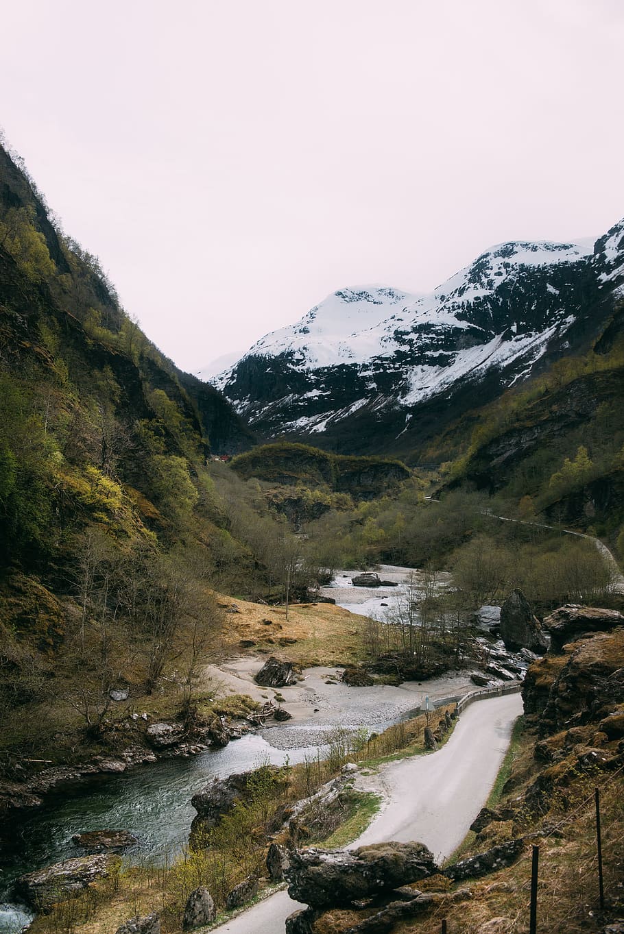 Around Flam, aerial photography of river between mountain at daytime HD wallpaper