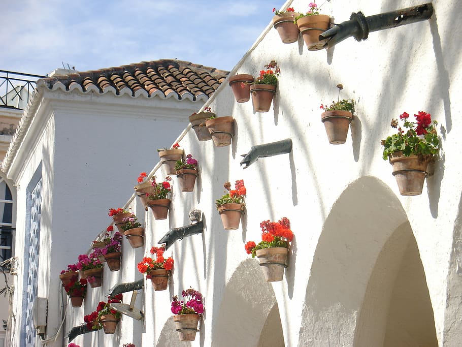 Nerja, Spain, Flowers, Pots, Arcade, Sun, summer, old pot, dyed HD wallpaper