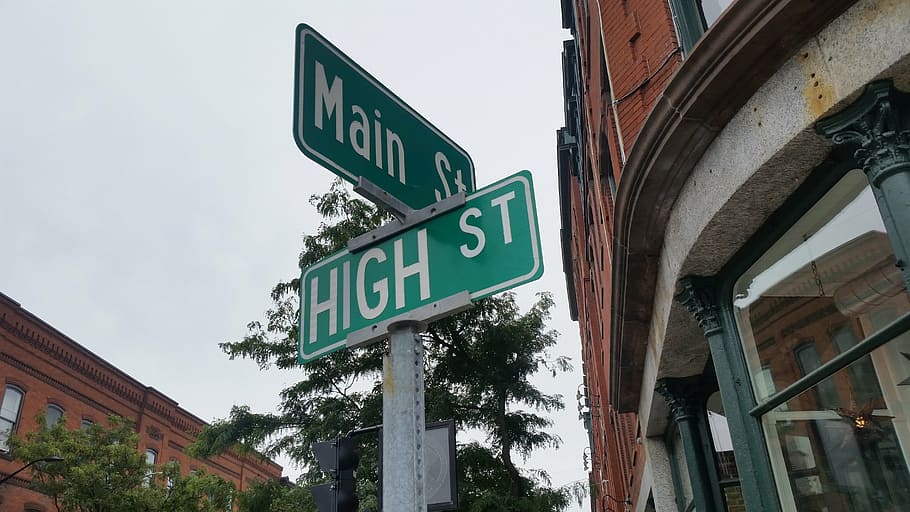 Main st. and High st. street sign under gray sky at daytime, corner, HD wallpaper