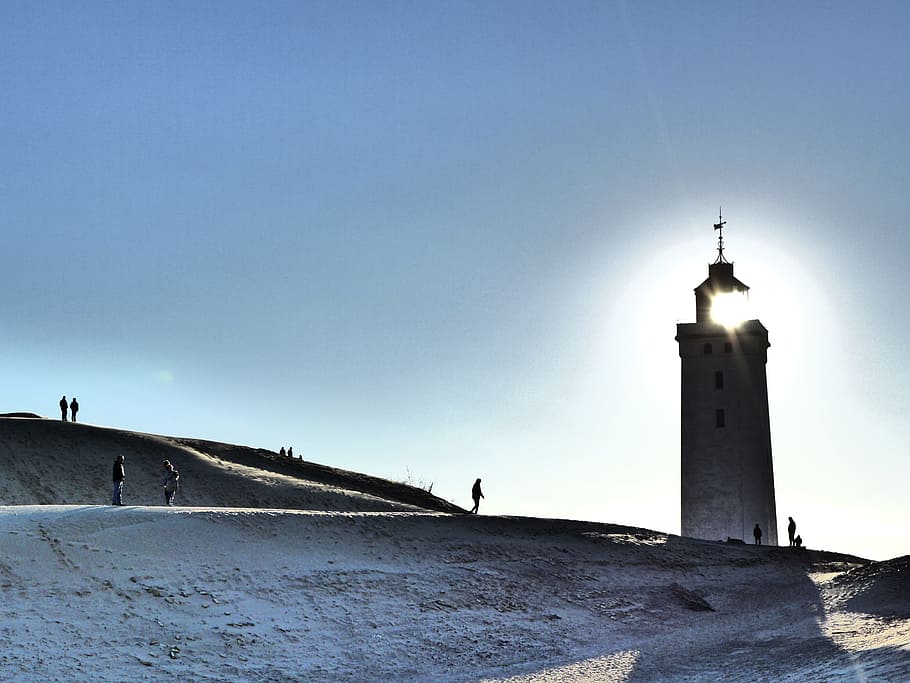 Lighthouse, Lønstrup, Denmark, sand, tower, footsteps, desert HD wallpaper
