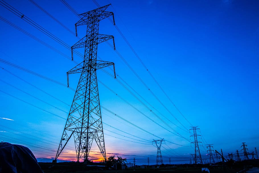 Power, High Pressure, Pylons, transmission line, sunset, electricity