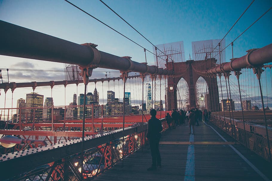 people standing on red bridge during daytime, man in black pants standing on bridge, HD wallpaper
