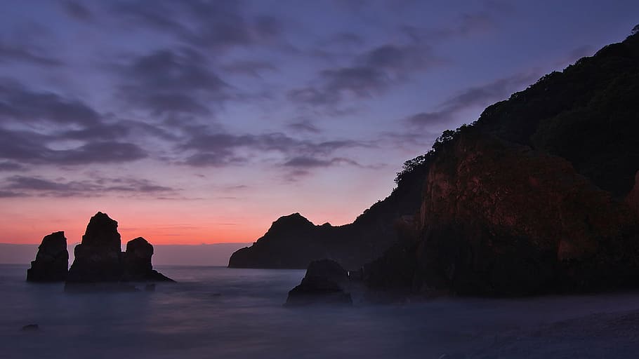 beach, dawn, dusk, ocean, outdoors, rocks, sea, seascape, seashore HD wallpaper