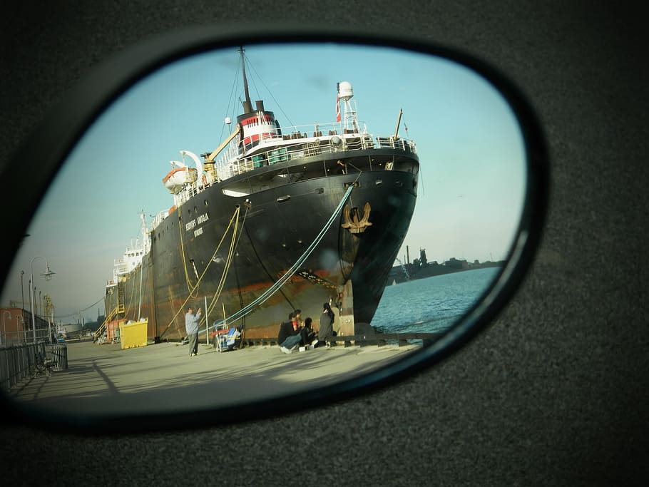 ship, berthed, anchored, port, harbour, reflection, mirror HD wallpaper