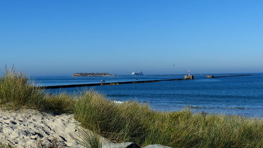 ferry, beach, atlantic, cherbourg, sand beach, dune, water HD wallpaper