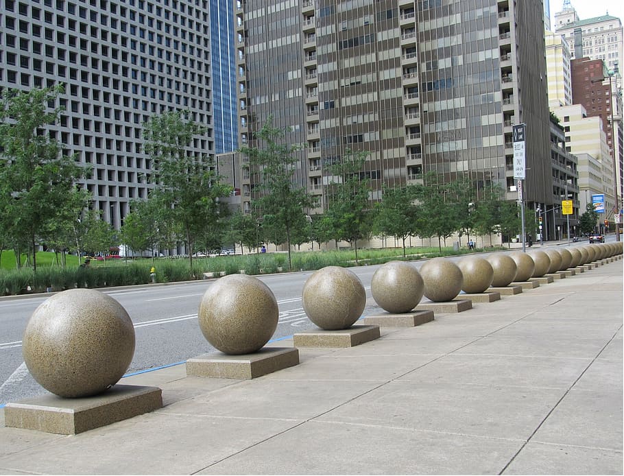 sidewalk, orbs, downtown, details, cityscape, urban, architecture HD wallpaper