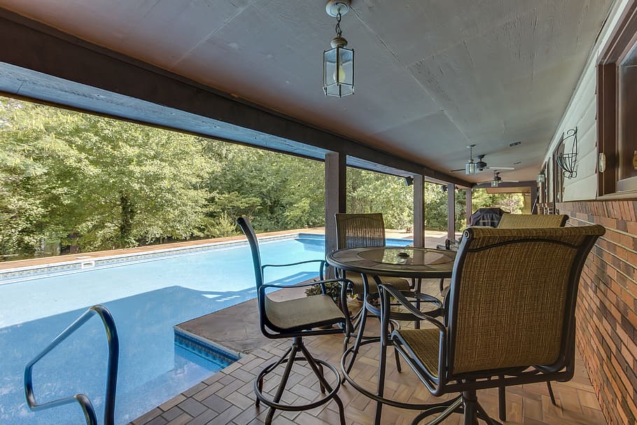 pool, backyard, home, outdoor seating, summer, deck, modern HD wallpaper