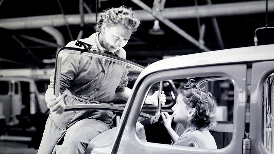 Man Carrying Car Windshield With Woman Inside a Car, automobile