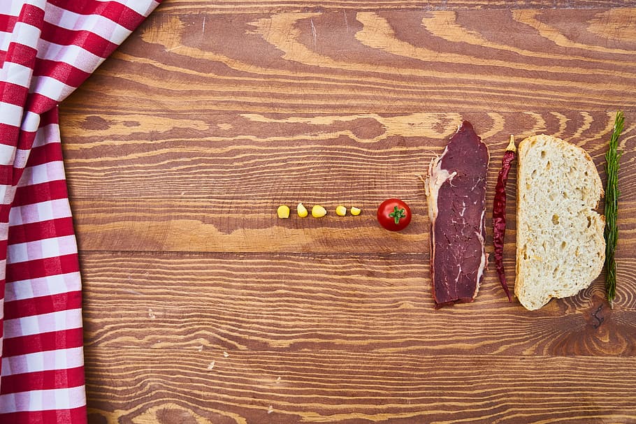 asparagus, sliced bread, chili, raw meat, tomato on brown wooden surface HD wallpaper