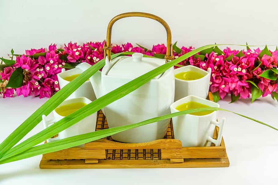 white ceramic 5-piece tea set placed on beige wooden tray, teapot, HD wallpaper