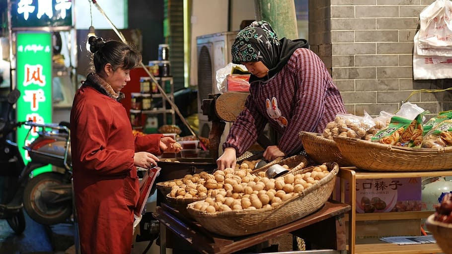 Walnut, Hijab, China, Xian, Seller, buyer, shopping, market, HD wallpaper