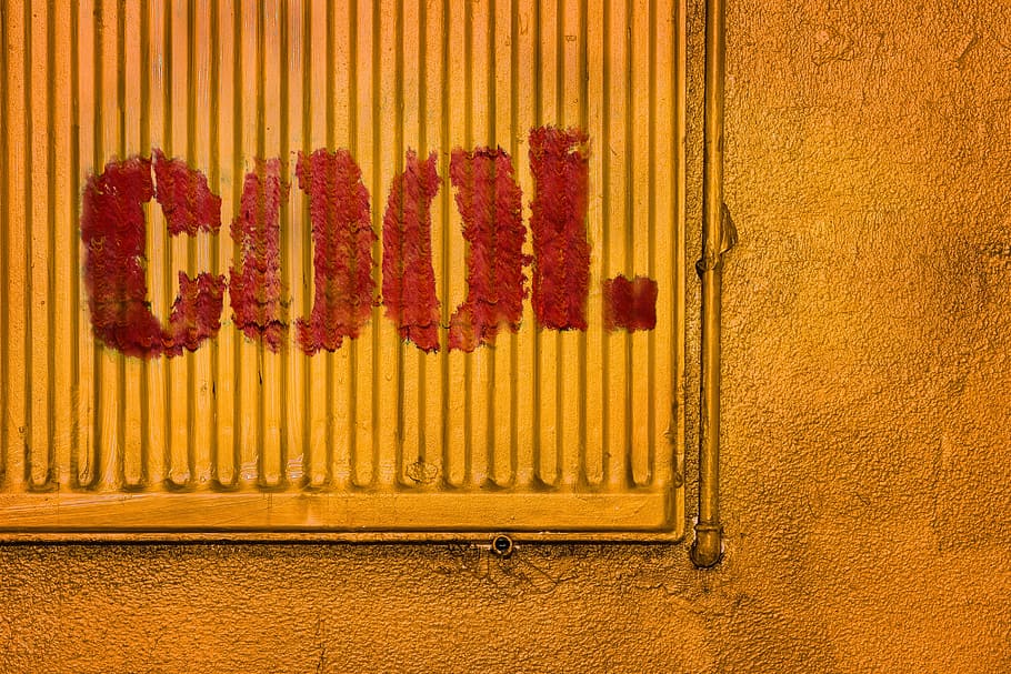 graffiti, radiator, heating, yellow, abstract, red, food and drink HD wallpaper