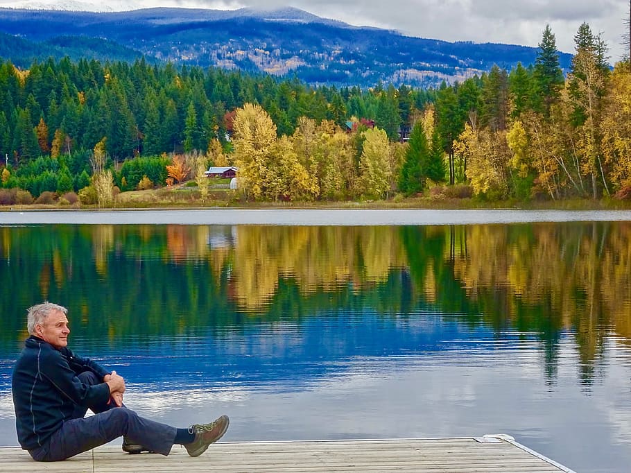 sitting, tranquil, relaxing, reflection, lake, trees, calm HD wallpaper