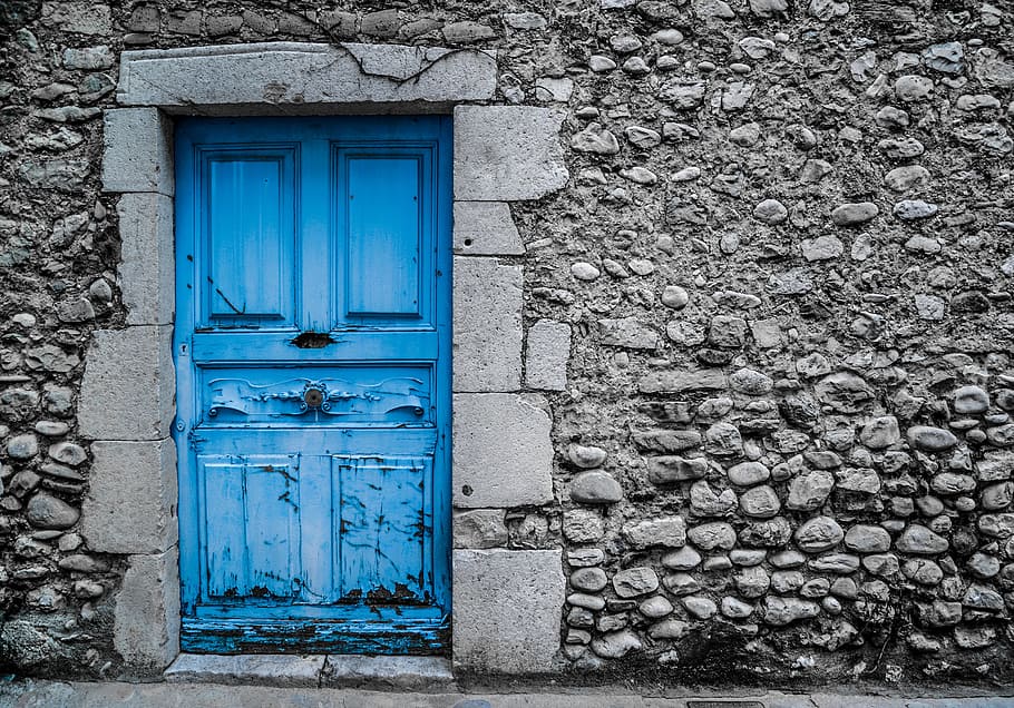 blue wooden 4-panel door close, blue door, old, vintage, paint, HD wallpaper