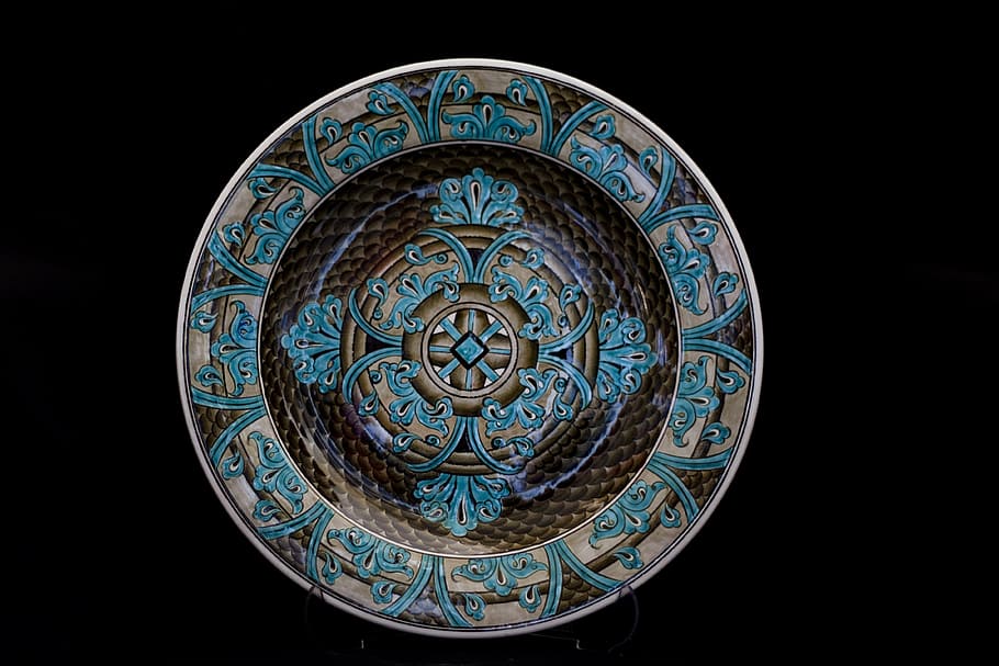 round brown and teal floral plate, tile, handicrafts, increased
