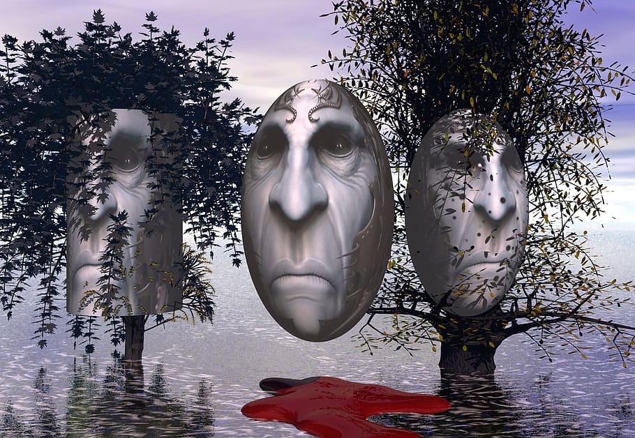 surrealism, 3d, faces, trees, human representation, sculpture HD wallpaper