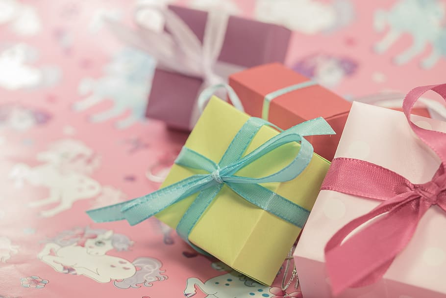 selective focus photography of four present boxes, gift, made HD wallpaper
