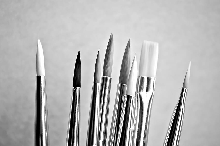 grayscale photograph of paint brushes, art, tool, background painter HD wallpaper