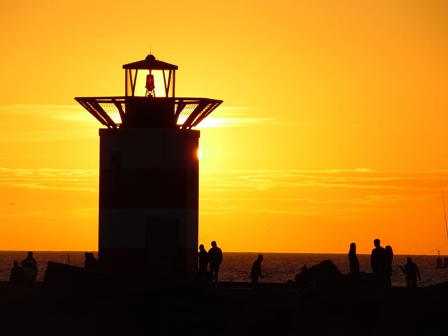 piers, scheveningen, sunset, sky, silhouette, sea, orange color HD wallpaper