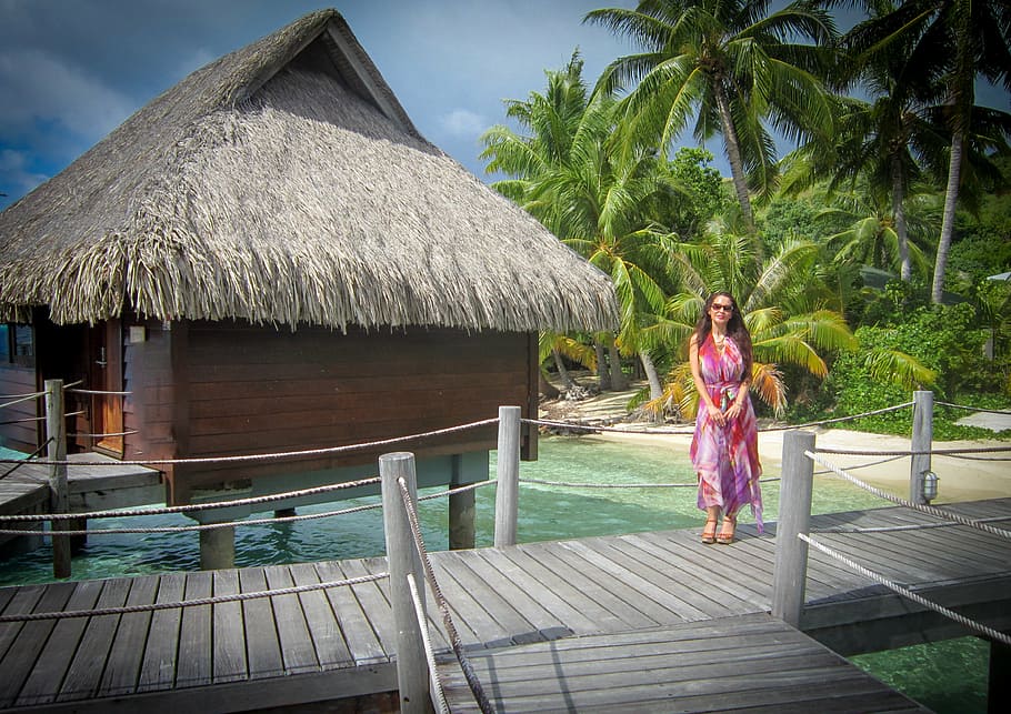 bora-bora, over water bungalow, island, south pacific, woman, HD wallpaper