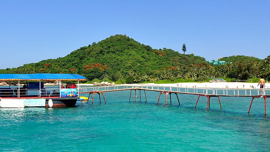 Bridge, Ship, Beach, Mountain, Sea, travel, sunshine, tree HD wallpaper