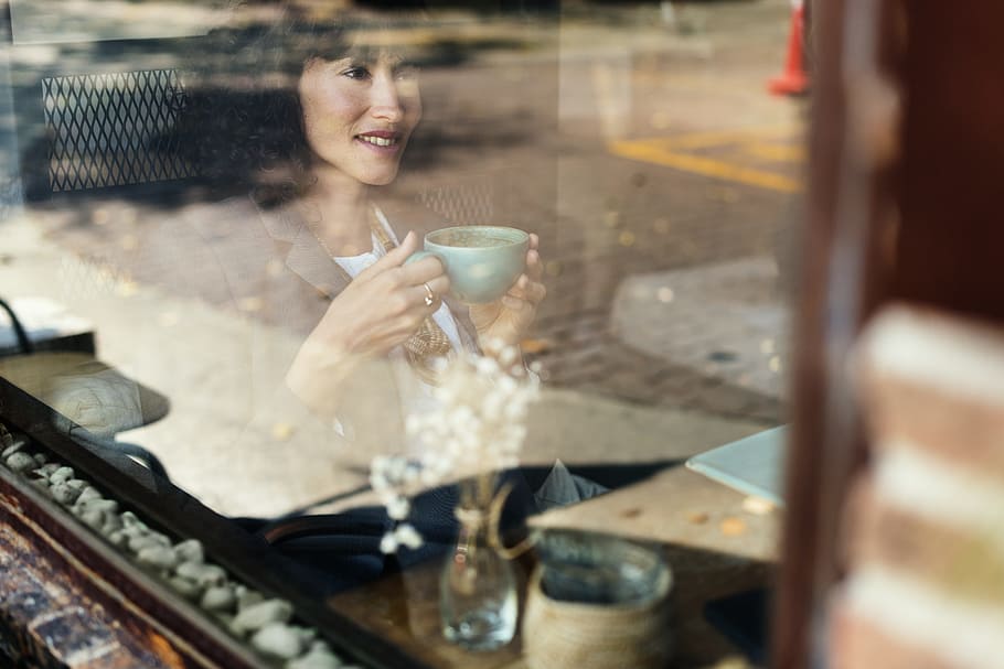 woman holding blue ceramic mug during daytime, cup, coffee HD wallpaper