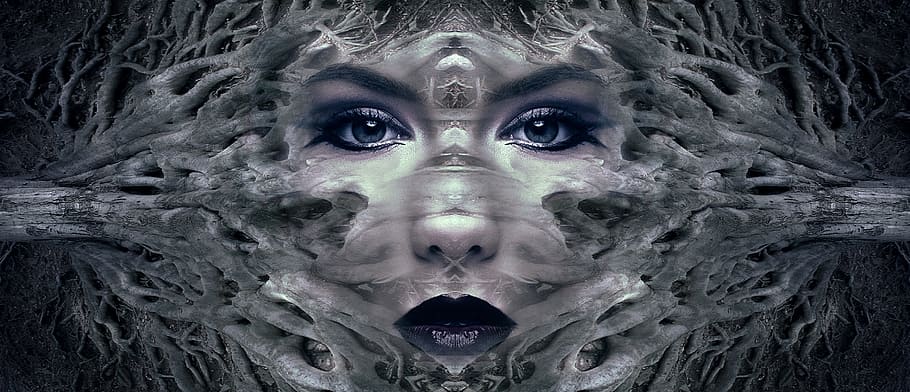 illusion photography on woman's face, fantasy, portrait, mystical