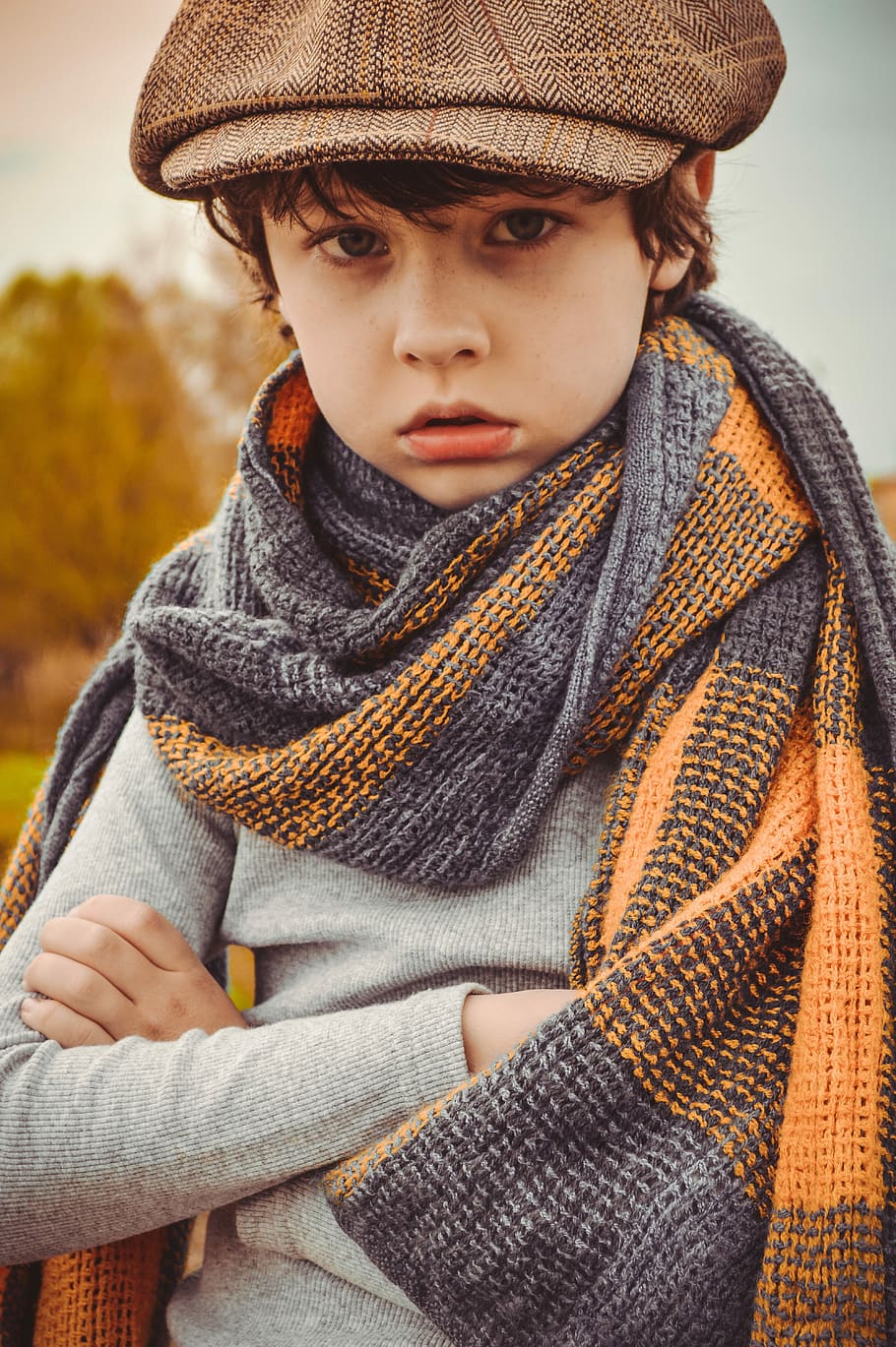 gray and orange scarf, boy, portrait, baby, kids, grown up, cap