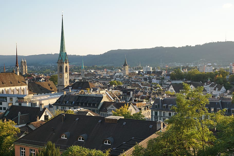 aerial view of city during day time, zurich, old town, churches