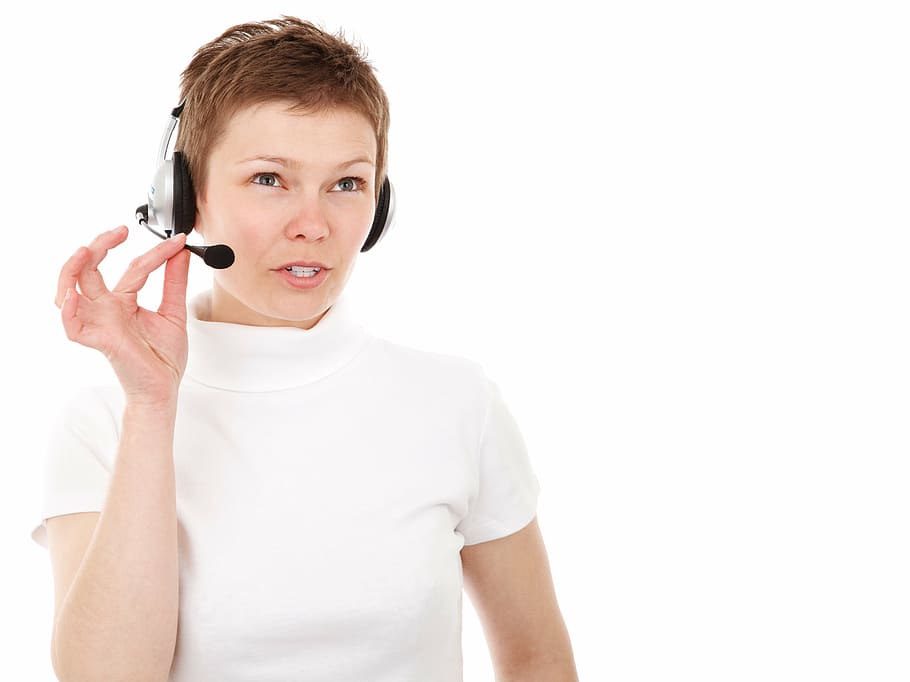 woman wearing headset holding mic, agent, business, call, center