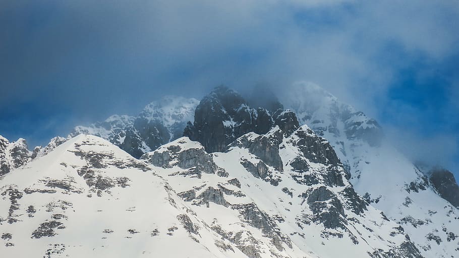snow caps mountain, winter, white, cold, weather, ice, travel HD wallpaper