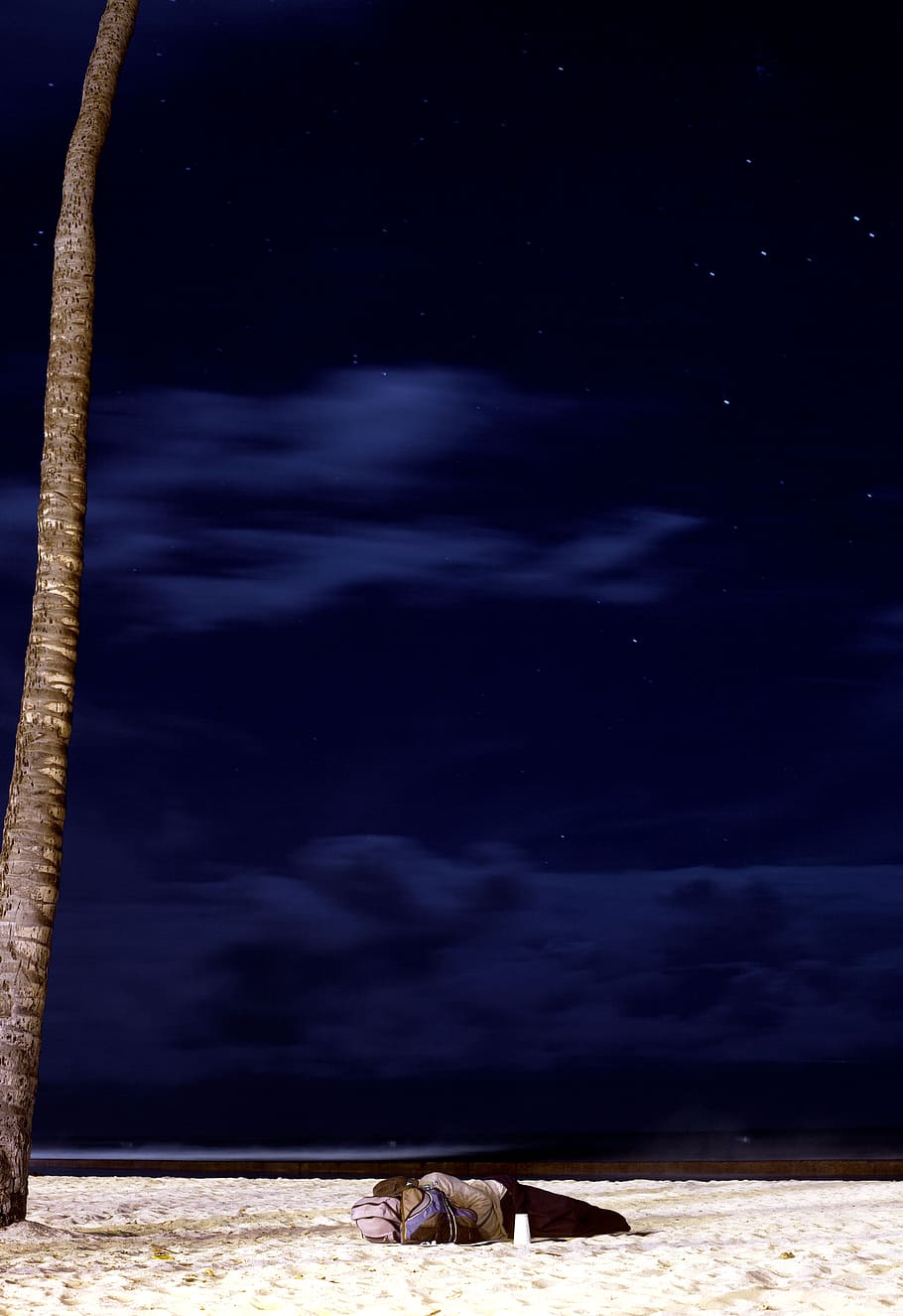 digital painting artwork of person lying on sand near palm tree, brown tree under night sky HD wallpaper